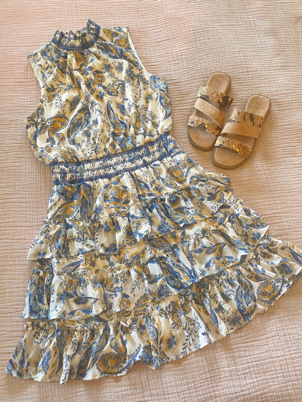MSK Chiffon Tiered Ruffle Mini Dress Smocked Waist Boho Vacation L